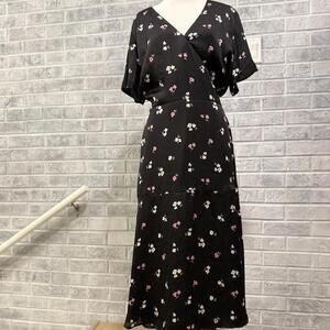 Ann‎ Taylor Dress Sz 16 Black Floral Pattern Wrap Midi Wedding Cocktail New